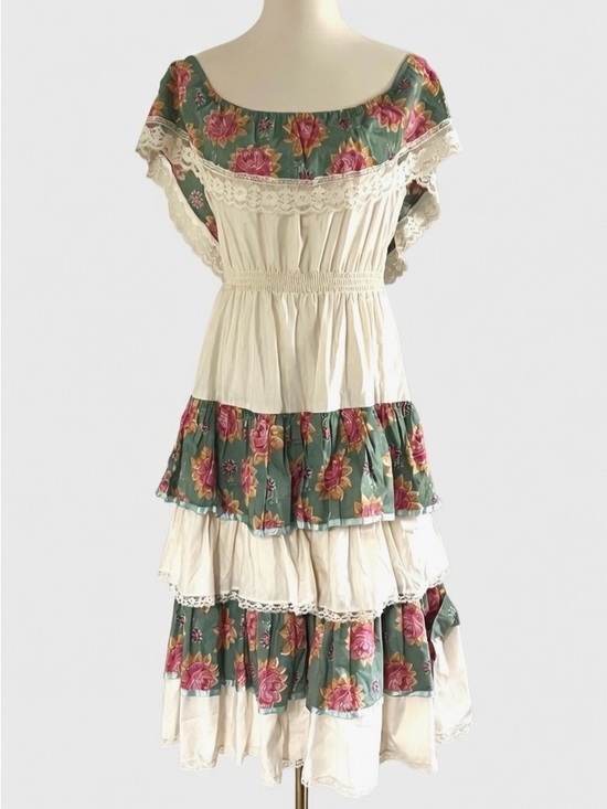 Vintage Young Edwardian by Arpeja Ivory Floral Lace Detail Ruffled Maxi Dress M - Picture 2 of 5